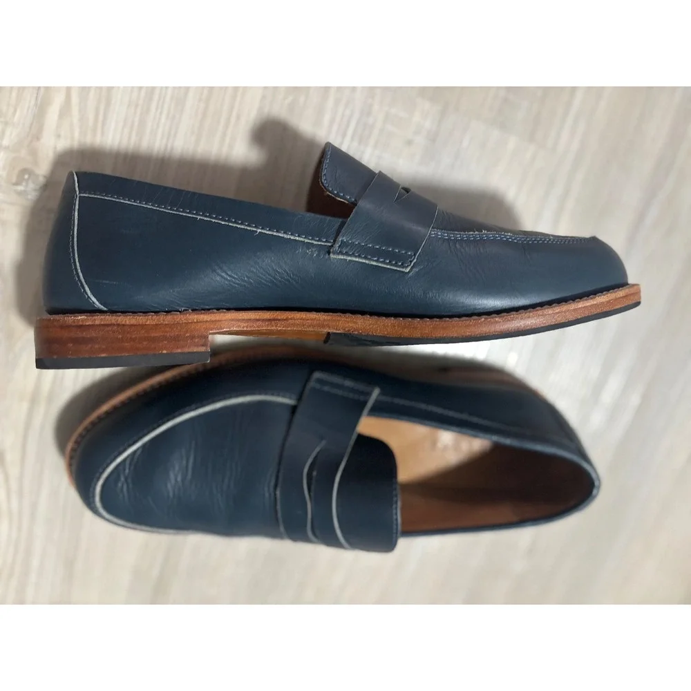 Adelante Shoe Co Mendoza Navy Blue Leather Penny Loafers Mens 10 D Handcrafted